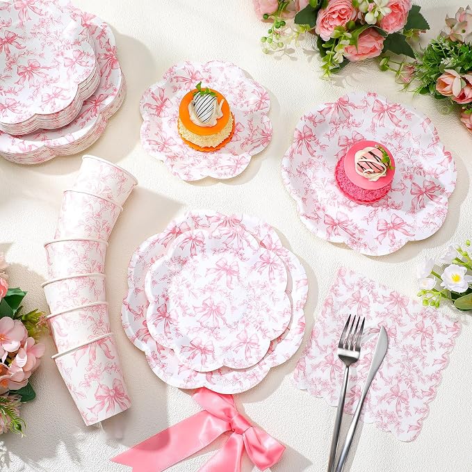 250 Pcs Pink Bow Disposable Paper Plate Napkins | Disposable Tableware Set - Image 5