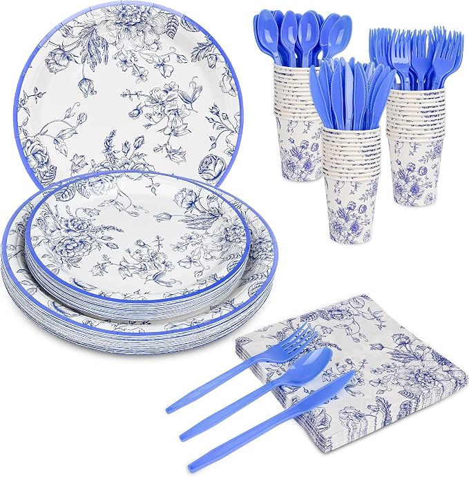 175Pcs Blue Floral Paper Plates and Napkins 25 Guests Blue Toile Chinoiserie - Image 8