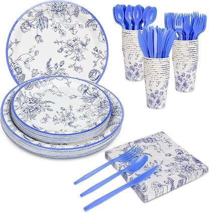 175Pcs Blue Floral Paper Plates and Napkins 25 Guests Blue Toile Chinoiserie - Image 8