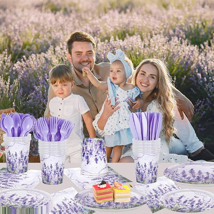 168pcs Purple Lavender Floral Paper Plates Napkins Party Supplies Serve 24 | - Image 7