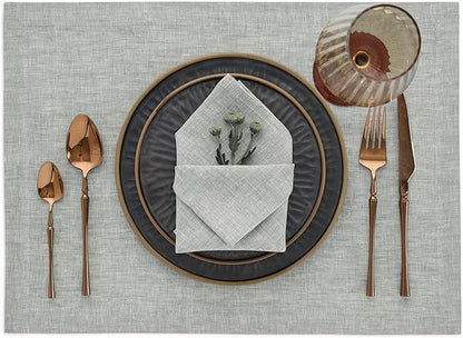 Solino Home Linen Cloth Placemats Set of 4-100% Pure Linen Chambray Grey Placemats 14 x 19 Inch - Athena