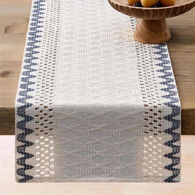 Macrame Side Trim Boho Woven Table Runner, Dusty Blue 12x48 Inch | Crochet - Image 6