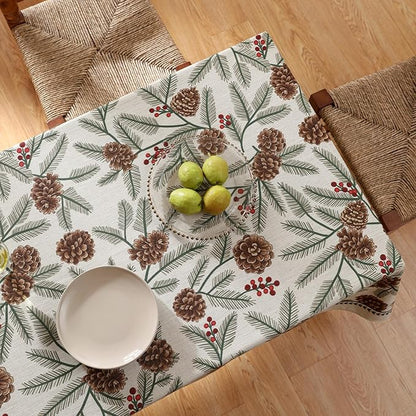 ISAENNE Designer Christmas Beige Linen Long Rectangle Tablecloth,Pinecones Pattern Indoor Table Cloths,Washable Decor Tablecloths for Dining Thanksgiving Kitchen Christmas,63"*94"-Carol B
