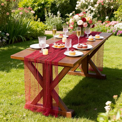 Pearl Table Runner Summer Tulle Gauze Sheer Wedding Party Home Decor | Red - Image 5