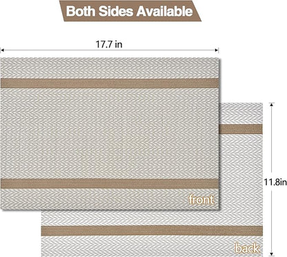 SLKQG Beige White Placemats Set of 8 - Easy Clean Modern Durable Washable Vinyl Place Mats - Heat Resistant Placemats for Kitchen Table - PVC Table Mats for Dining Table (Beige White with Stripes, 8)