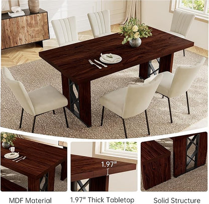 7-Piece Dining Table Set for 6 People, 70.8" MDF Kitchen Table with 6 Velvet Chairs, Space-Saving for Dining Room, Breakfast Nook(Walnut Table+6 Beige Chairs)