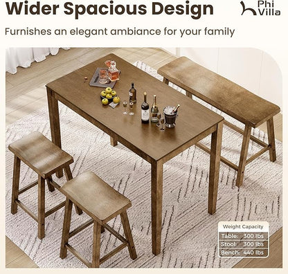 PHI VILLA Kitchen Table with Bench and Chairs, Counter Height Table and Chairs, Solid Wood Small Dining Table Set for 4, High Top Kitchen Table Chairs Set of 4, Rustic Caramel