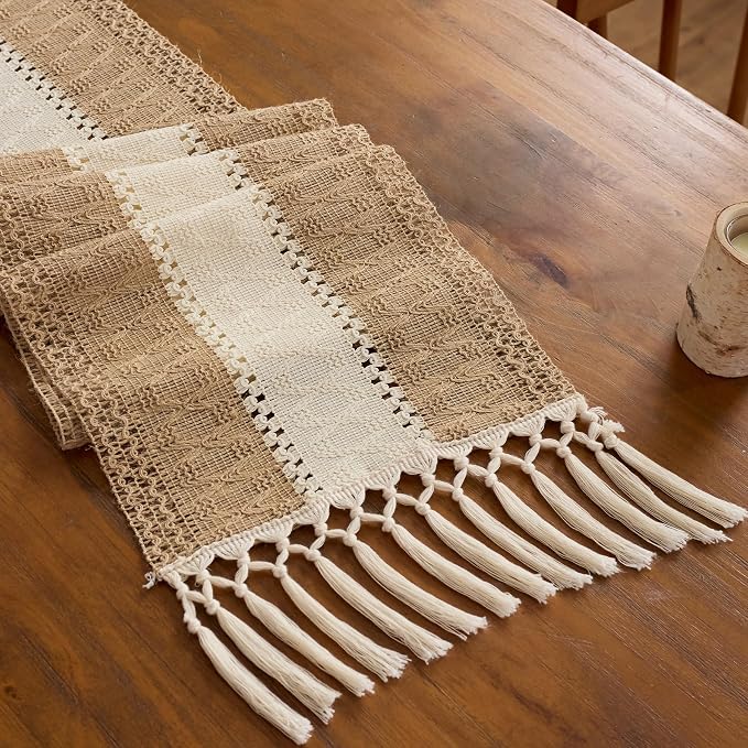 Baccessor Boho Macrame Table Runner, Woven Beige Jute Linen Table Runner by Baccessor