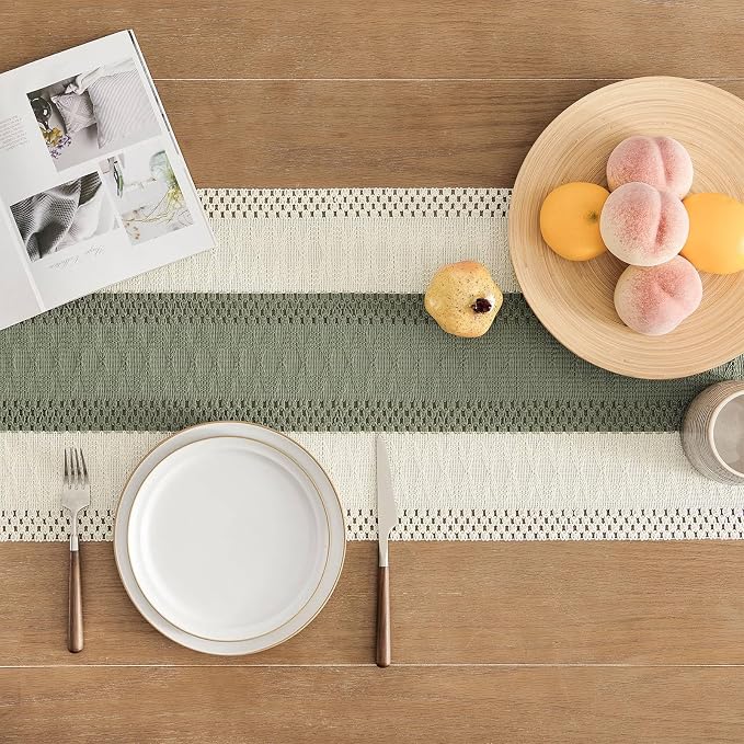 Macrame Style Bicolor Stitching Table Runner 14x36in Green | Woven Boho Table - Image 4