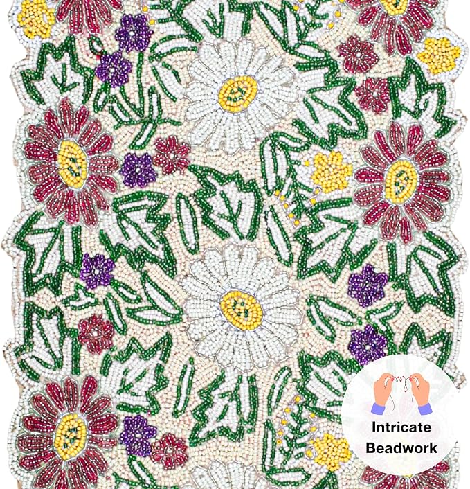 Spring Floral Beaded Table Runner, 13x36 | Glass beads, polyester backing - Image 5