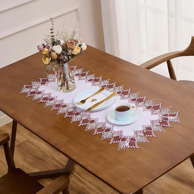 White Sheer Lace Table Runner Dark Red 108" Christmas Table Runners | Christmas - Image 5