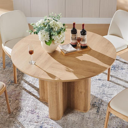 T4TREAM 47" Fluted Round Dining Table for 4-6, Mid-Century Modern Kitchen Table with Thickened Edge & Sturdy Pedestal Base for Kitchen Living Room,Natural Oak(Table Only)