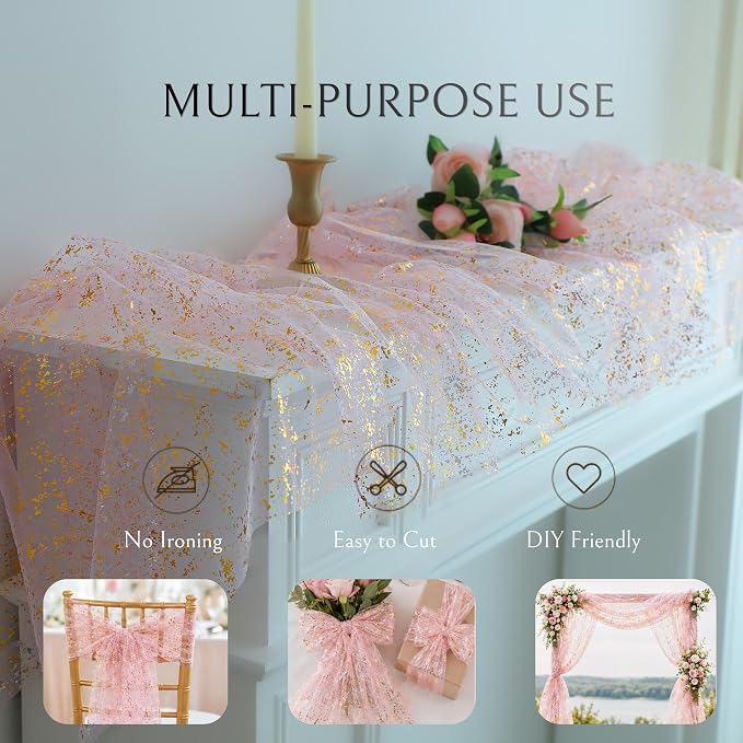 Snowkingdom Blush Gold Table Runner Gauze Sheer Tulle 10FT 120 Inch - Image 6