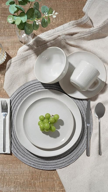 Famiware Moonlight Plates and Bowls Sets, 18 Pieces Stoneware Dinnerware Sets with Linen Finish, Handmade Dishware set for 6, Microwave and Dishwasher Safe, Scratch Resistant Tableware, White
