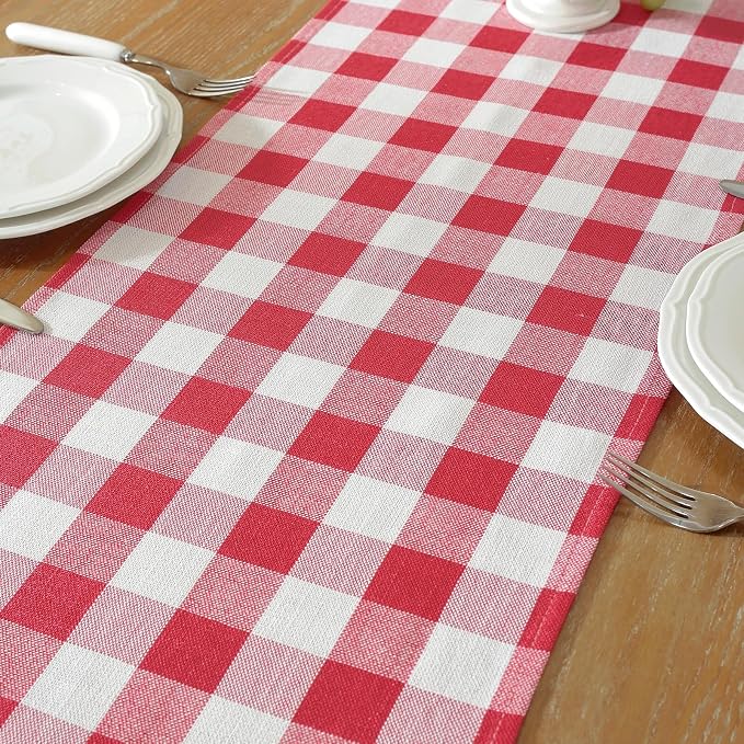 Laolitou Red Checkered Table Runner, Cotton Linen Gingham Table Runners - Image 3