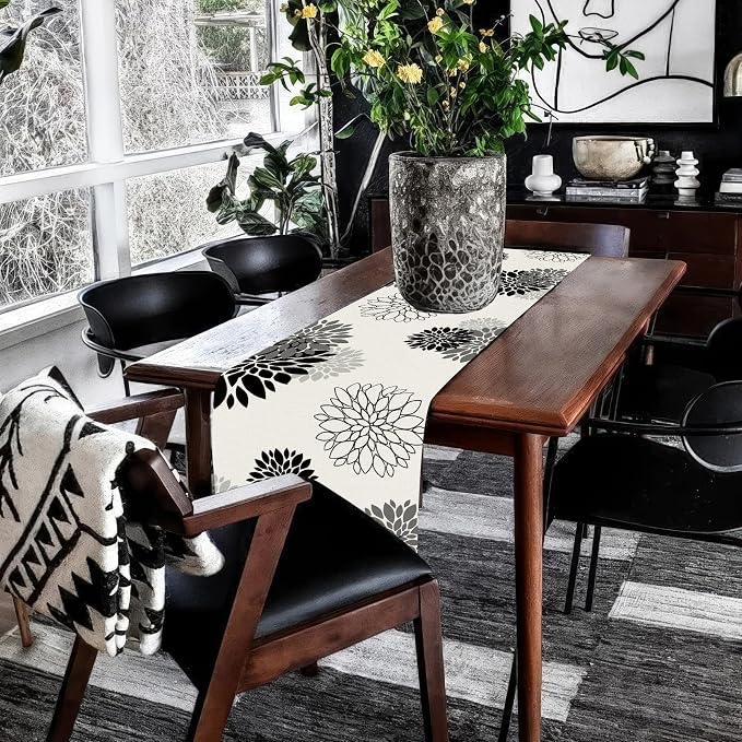 Black Gray Table Runner Dahlia Pinnata Flower Beige Table Runners Modern - Image 7