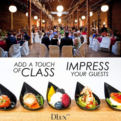 DLux 100 4-in Tear Drop Mini Appetizer Plates, Reusable Black Plastic Spoons - Desserts and Appetizers Dishes Serving Plate - Asian Spoon Set, Small Catering Dessert Tasting Cups - with Recipe Ebook