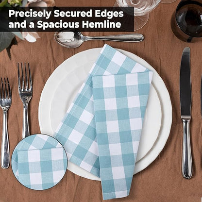 Urban Villa Cotton Dinner Napkins Set of 6, Highly Absorbent 20x20 Inches Premium Cloth Napkins Hotel Quality Reusable & Washable Table Dinner Napkins for Home & Weddings - Aqua/White, Checks