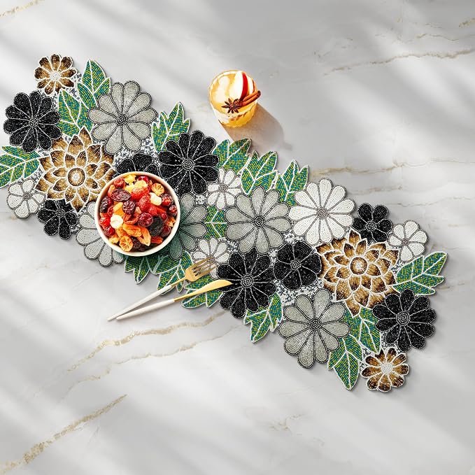 Beaded Table Runner Decore 36 inches Long Christmas Flower Design Beaded Table - Image 2