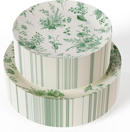 Trendables 80 Piece Plastic Disposable Plates Set For 40 Guests I 40 X 8 Inch Dessert Plates & 40 X 10 Inch Wedding Party Plates | Ivory & Green Verdure Design