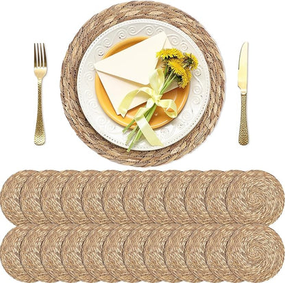 Kochorie Set of 24 Round Woven Placemats 12 Inches Bulrush Placemats Natural Hand-Woven Boho Rattan Placemats Wicker Table Mats Farmhouse Weave Place Mats for Home Dining Table
