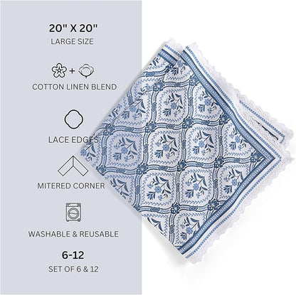 Fingercraft Dinner Cloth Napkin Cotton Linen Blend 12 Pack Mitered Corners with Elegant Lace for Everyday Use Napkins are Pre Shrunk and Good Absorbency (Damask, 20in x 20in (Set of 12))