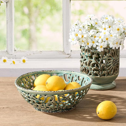 SIDUCAL Ceramic Fruit Bowl for Kitchen Counter,Decorative Fruit Basket with Holes, 10.43" Large Hollow Out Fruit Vegetable Holder Bowl for Table Decor, Blue