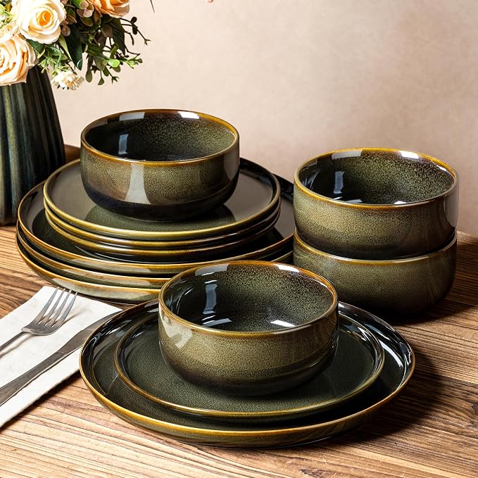 Ceramic Dinnerware Set for 4, 12-Piece Plates and Bowls Set | Handmade Reactive by TheTerra