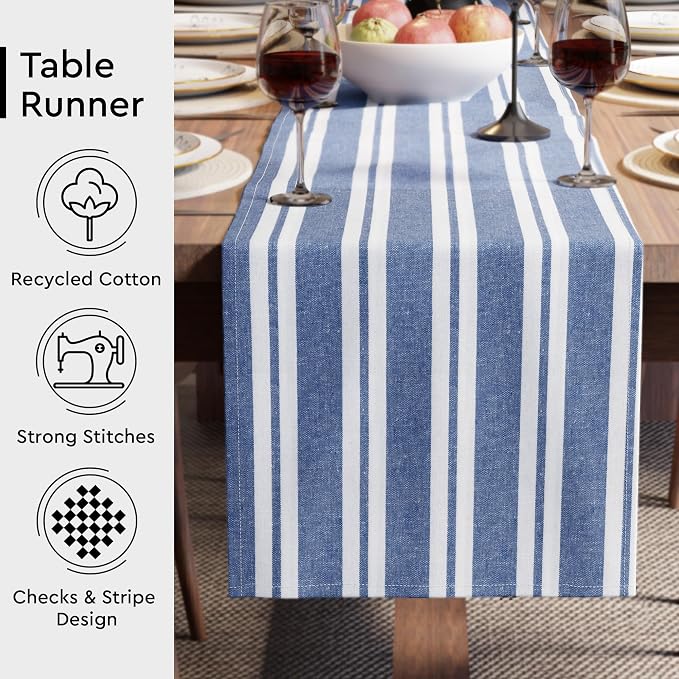 Encasa XO Table Runner, Woven Cotton Dining Runner 13"x91" Franca Blue Stripes - Image 3