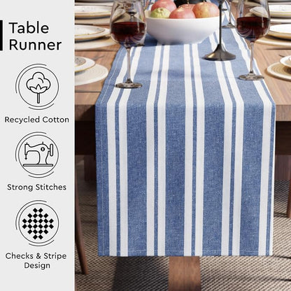 Encasa XO Table Runner, Woven Cotton Dining Runner 13"x104" Franca Blue Stripes - Image 3