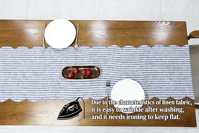 100% Natural Linen Rustic Scalloped Embroidery Table Runner 48 Inches, Linen - Image 3