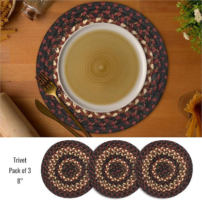 Homespice Prescott Jute Braided Trivets for Table - Set of 3, Round 8", Black & Red - Rich Colors, Easy to Clean, Durable and Protects Furniture
