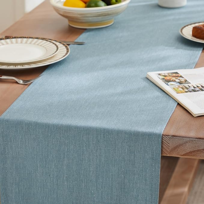 Rustic Cotton Linen Table Runner, 13x60 Inches River Blue | Farmhouse Style - Image 3