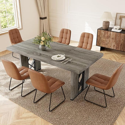 7-Piece Dining Table Set for 6 People, 70.8" MDF Kitchen Table with 6 Upholstered Chairs, Space-Saving for Dining Room, Breakfast Nook(Grey Table+6 Brown Chairs)