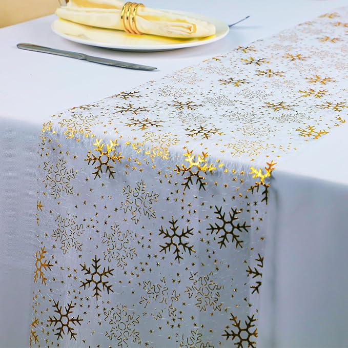 Snowkingdom 2 Pcs Christmas Snowflake Gold Table Runner Sparkly Golden Metallic by Snowkingdom