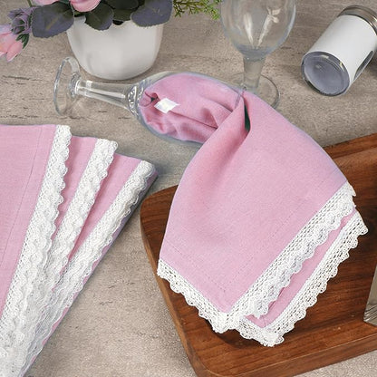 Fingercraft Dinner Cloth Napkin Cotton Linen Blend 12 Pack Mitered Corners with Elegant Lace for Everyday Use Napkins are Pre Shrunk and Good Absorbency (Pastel Rose, 20in x 20in (Set of 12))