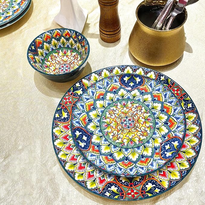 YA JU Mandala Dinnerware Sets Serves 4, Buffet Dinnerware, Boho Plates and - Image 4