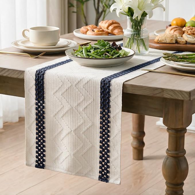 Artoid Mode Dark Blue Stripe Woven Rustic Table Runner 12x48 Inch | Holiday - Image 3