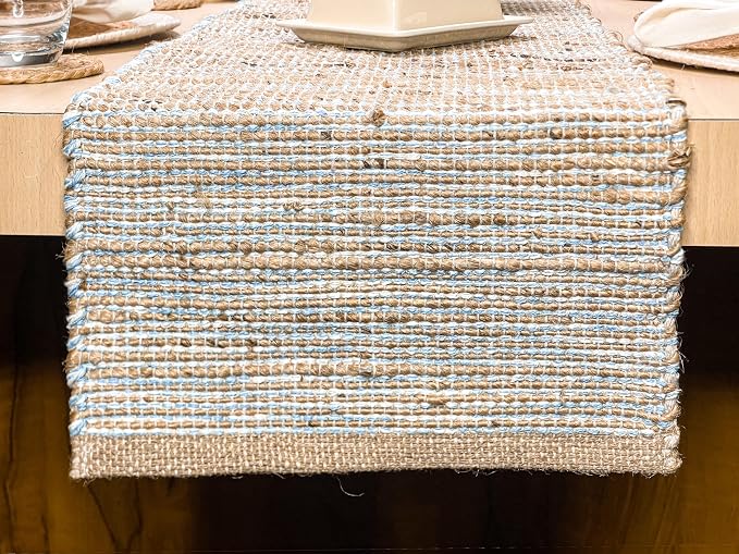 Natural Jute Table Runner, 13x90 Inch, Sky Blue-White | Vintage Boho Rustic by ChardinHome