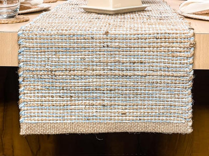 Natural Jute Table Runner, 13x90 Inch, Sky Blue-White | Vintage Boho Rustic by ChardinHome