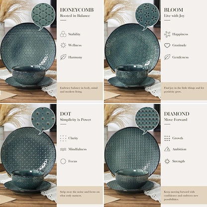 MALACASA 12 Pieces Dinnerware Sets, Farmhouse Plates and Bowls Sets, Embossed - Image 6