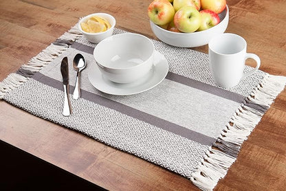 Sticky Toffee Cotton Placemats Set of 4 – Gray Woven 14x19 in Table Mats for Kitchen or Dining Table, Boho Style, Washable Cloth Placemats
