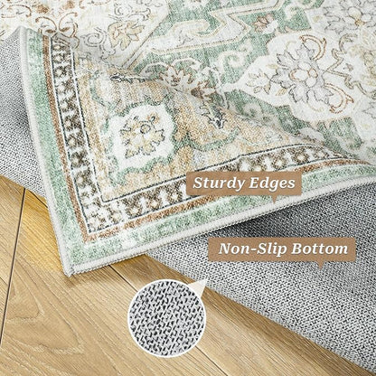 8x10 Area Rugs, Washable Rugs, Large Stain Resistant Area Rug for Living Room Bedroom Dining Room, Vintage Farmhouse Rug Green