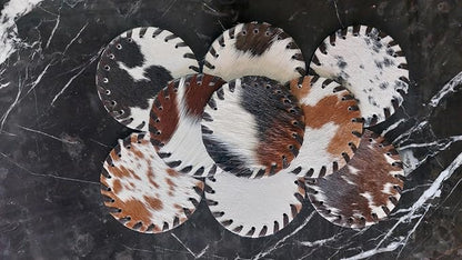 Cowhide Coasters Set of 6 pcs Round Natural Cowhides Drink Pads Hair On Genuine - Image 2