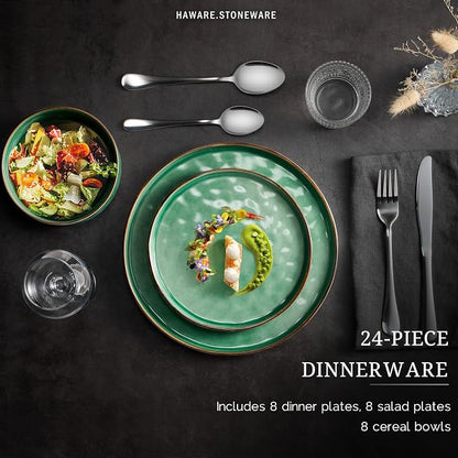 HaWare Dinnerware Sets, 24-Piece Plates and Bowls Set, Stoneware Dish Set - Image 3