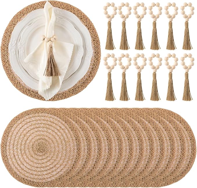 24 Pcs 15'' Burlap Boho Woven Placemat Wood Bead Napkin Rings by Gandeer