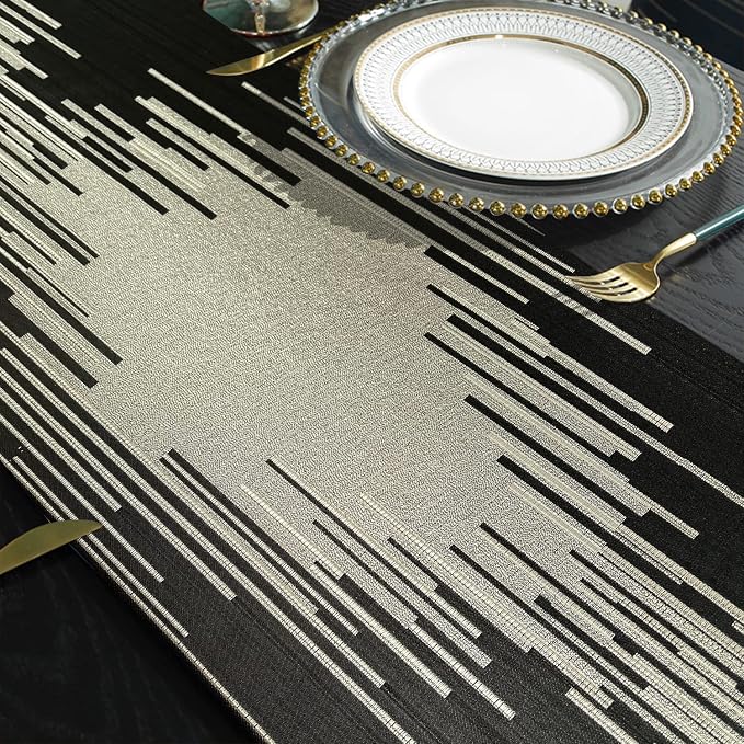 Modern Black Table Runner, Abstract Geometric, Tassel - Image 5