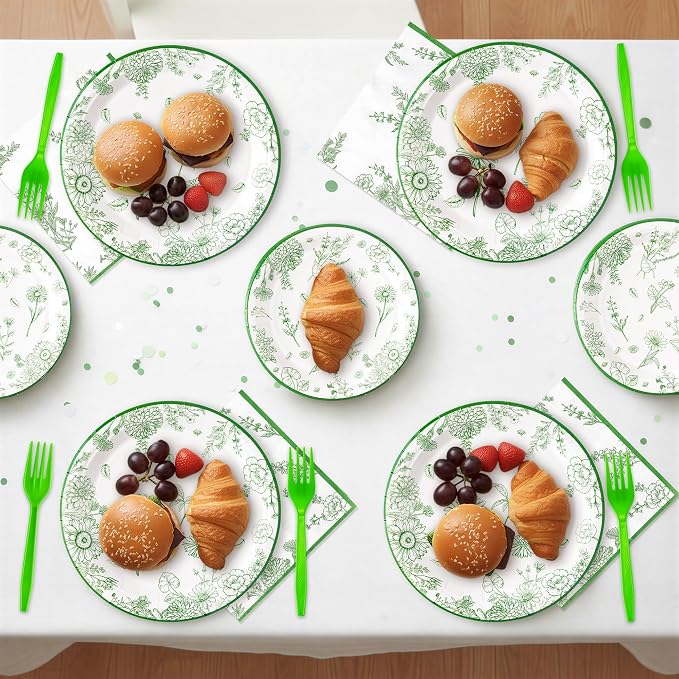 96Pcs Sage Green Floral Party Plates Supplies Green Toile Chinoiserie Flower - Image 5