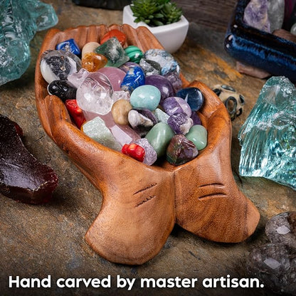 Curawood Carved Hands Offering Bowl - Crystal Holder for Stones, Rock Collection Holder, Crystal Display Storage Tray, Wooden Hands Bowl for Keys - Rock Display Case for Shelf, Stand, Altar Decor (L)