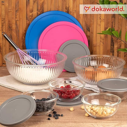 Set of 6 Stackable Space-Saving Nesting Glass Bowls with BPA Free Lids for Foodprep, Storage, Baking, Mixing & Cooking, Microwave Safe - Durable Inert Borosilicate Glass